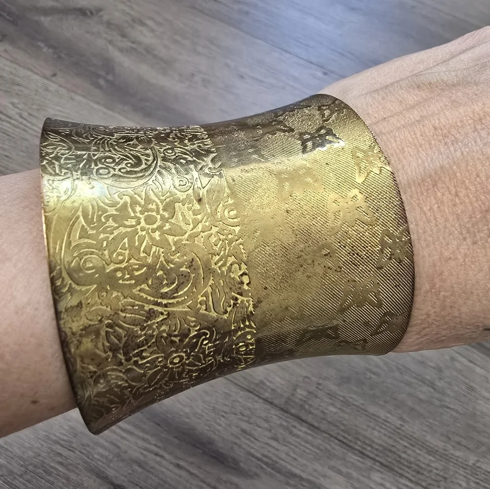 Brass Wide Cuff Bracelet Floral Butterfly Gold Boho Chunky Statement
